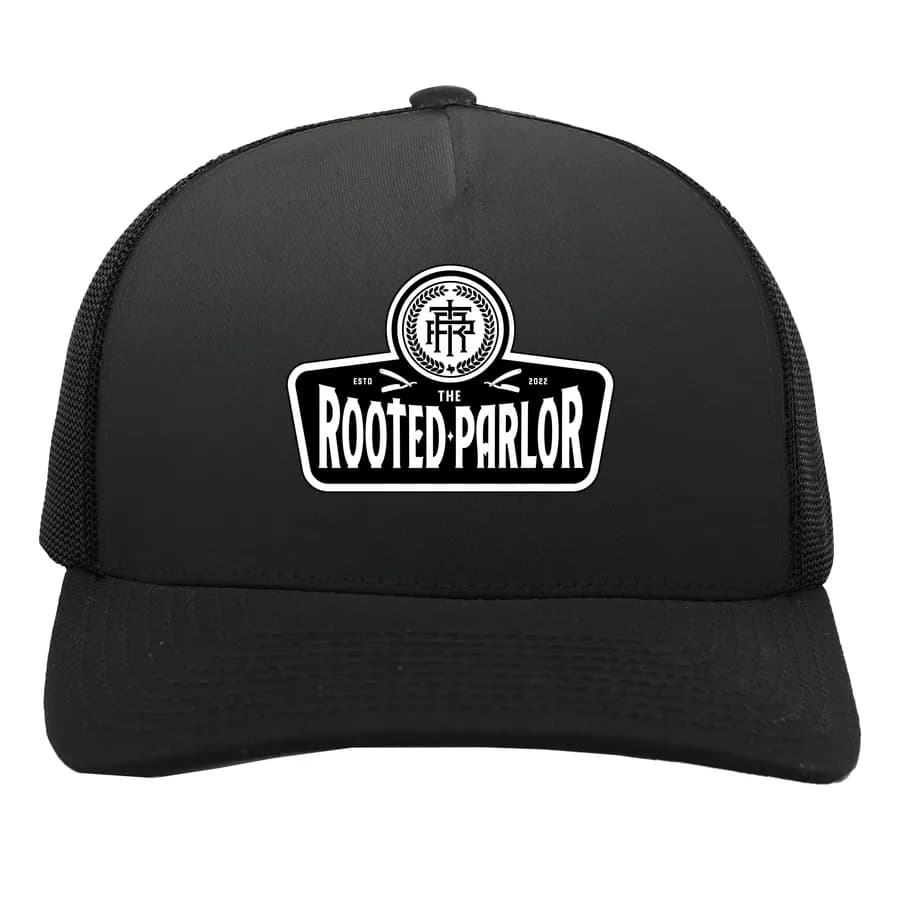 Cap in Black, showing the example shop’s mark: mark on the front panel.